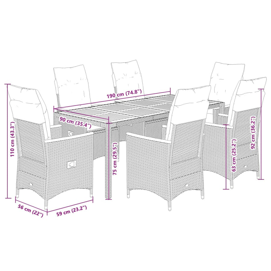 Tuinset Met Kussens Poly Rattan Grijs 7 190 x 90 x 75 cm pe rattan