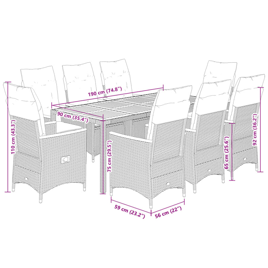 Tuinset Met Kussens Poly Rattan Grijs 9 190 x 90 x 75 cm pe rattan and wood