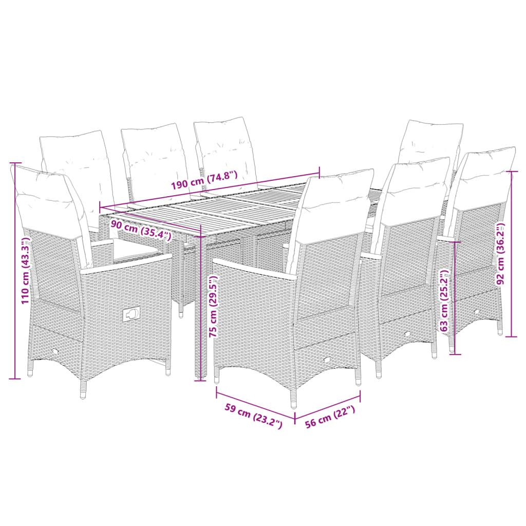 Tuinset Met Kussens Poly Rattan Grijs 9 190 x 90 x 75 cm pe rattan