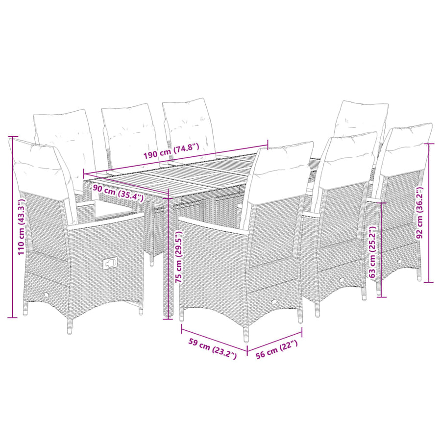 Tuinset Met Kussens Poly Rattan Grijs 9 190 x 90 x 75 cm pe rattan