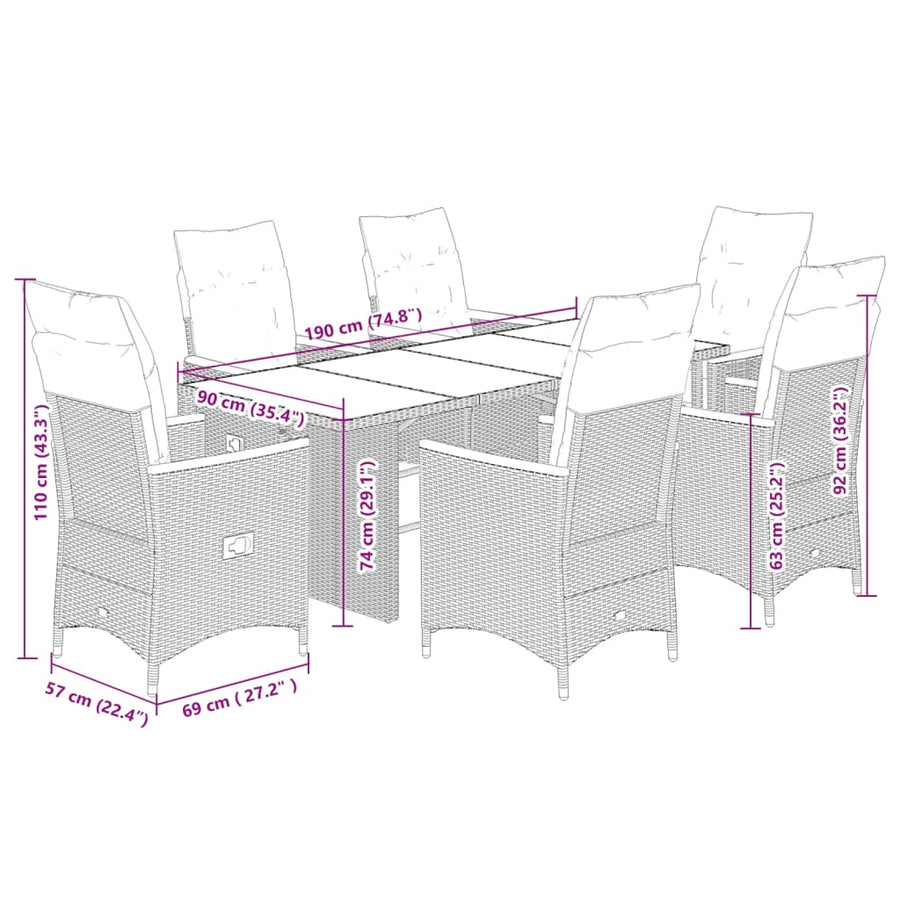 7-delige Tuinset met kussens poly rattan grijs