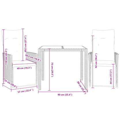 3-delige Bistroset met kussens poly rattan zwart