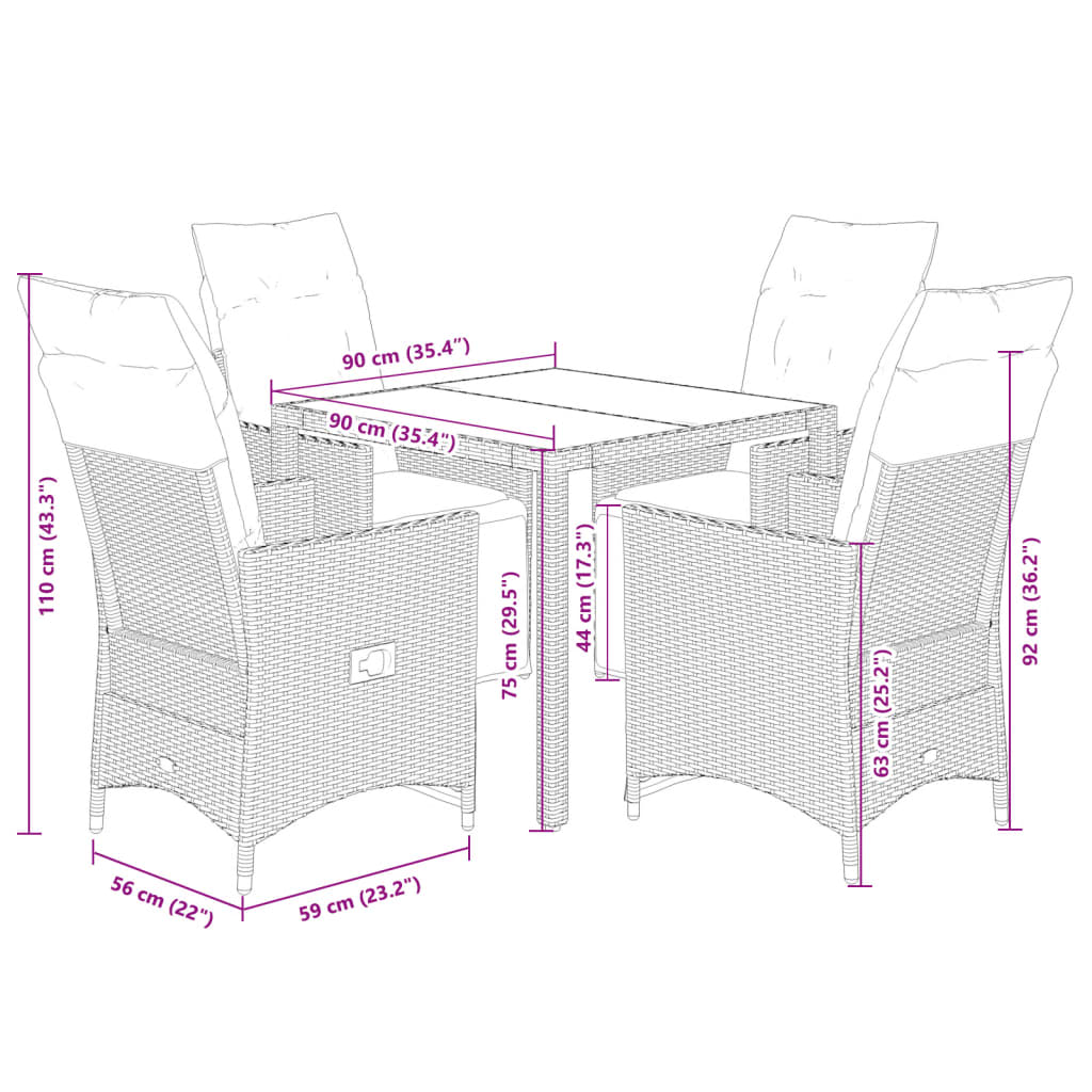 5-delige Bistroset met kussens poly rattan grijs
