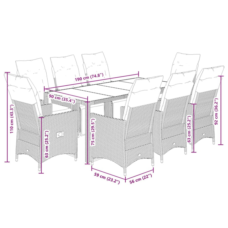 Bistroset Met Kussens Poly Rattan Grijs 9 190 x 90 x 75 cm Hout