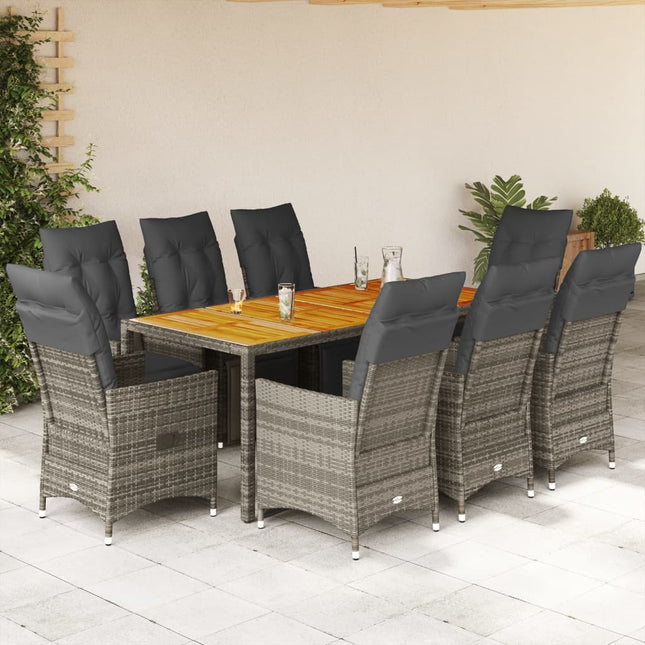 9-delige Bistroset met kussens poly rattan grijs