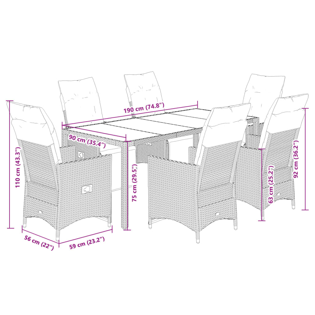 7-delige Bistroset met kussens poly rattan grijs
