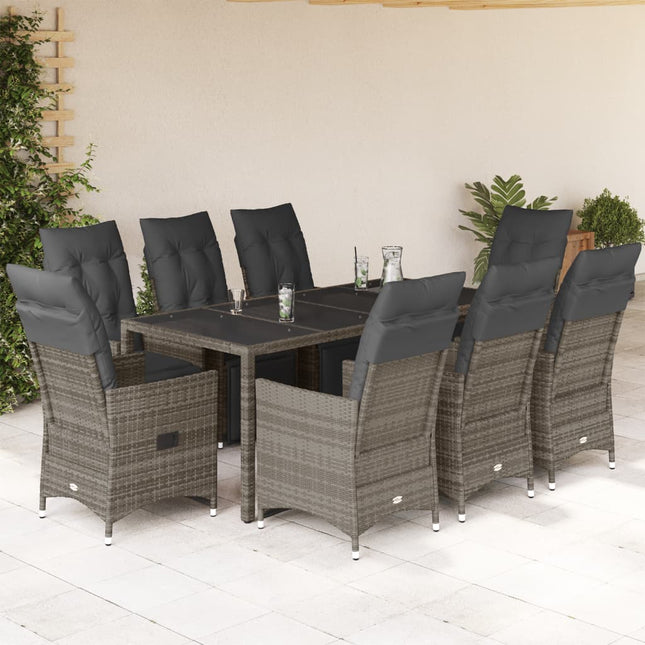 9-delige Bistroset met kussens poly rattan grijs