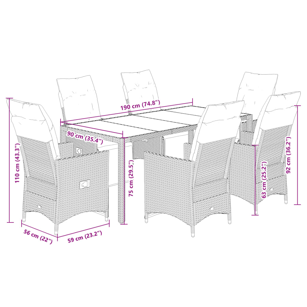 7-delige Bistroset met kussens poly rattan bruin