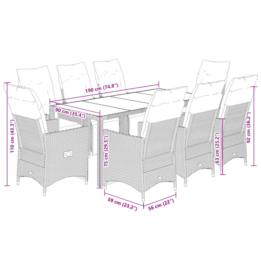 9-delige Tuinset met kussens poly rattan bruin