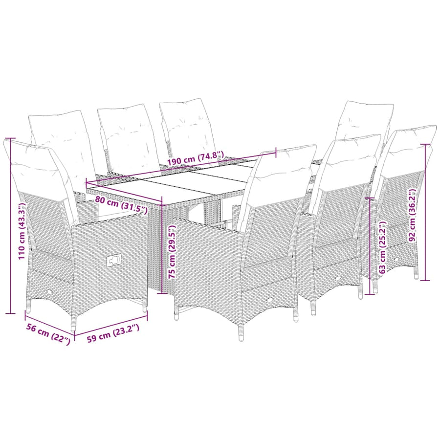 9-delige Bistroset met kussens poly rattan bruin