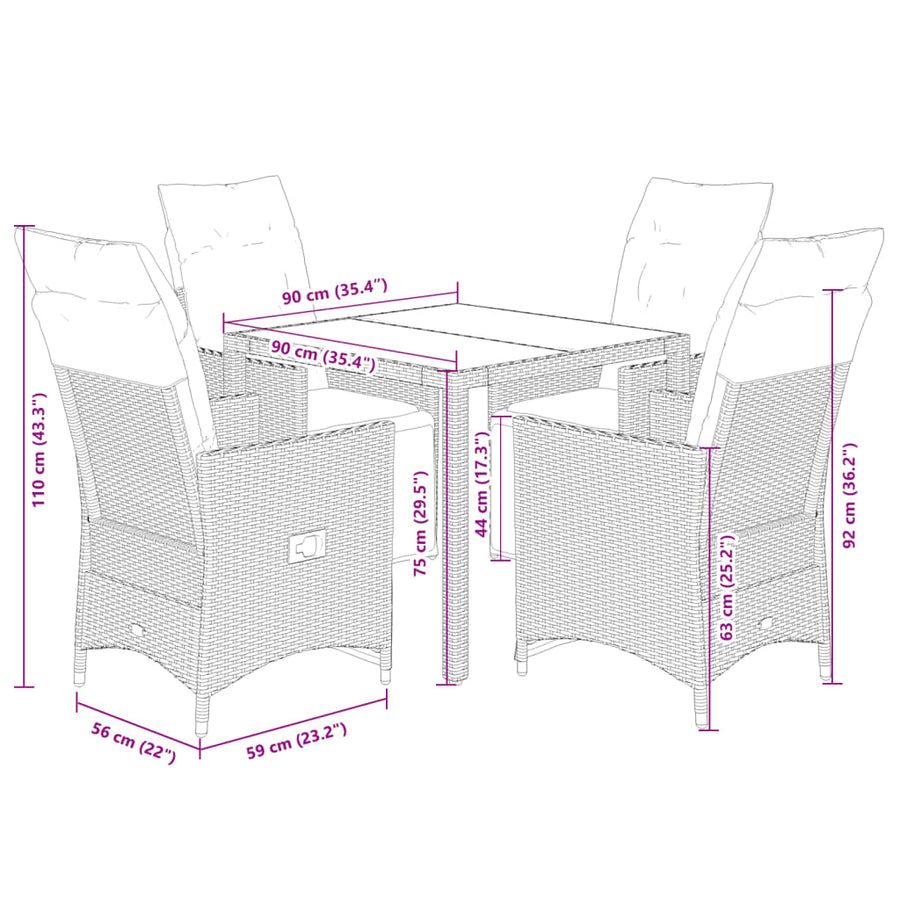 5-delige Bistroset met kussens poly rattan beige