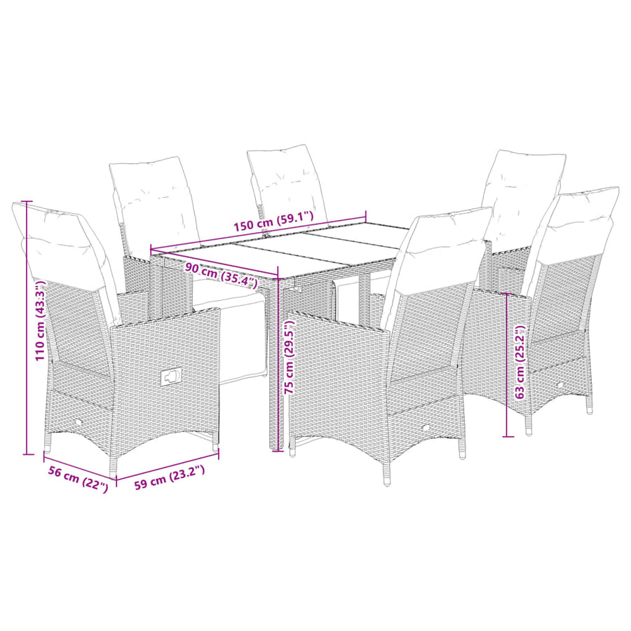 7-delige Bistroset met kussens poly rattan beige