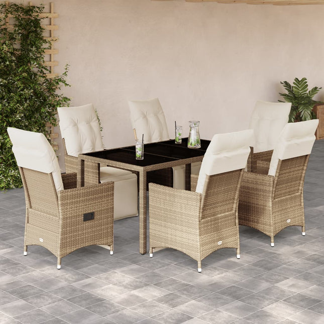 7-delige Bistroset met kussens poly rattan beige