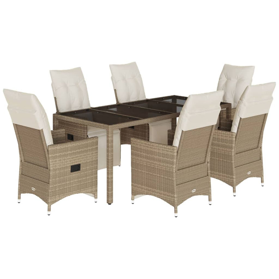 7-delige Bistroset met kussens poly rattan beige