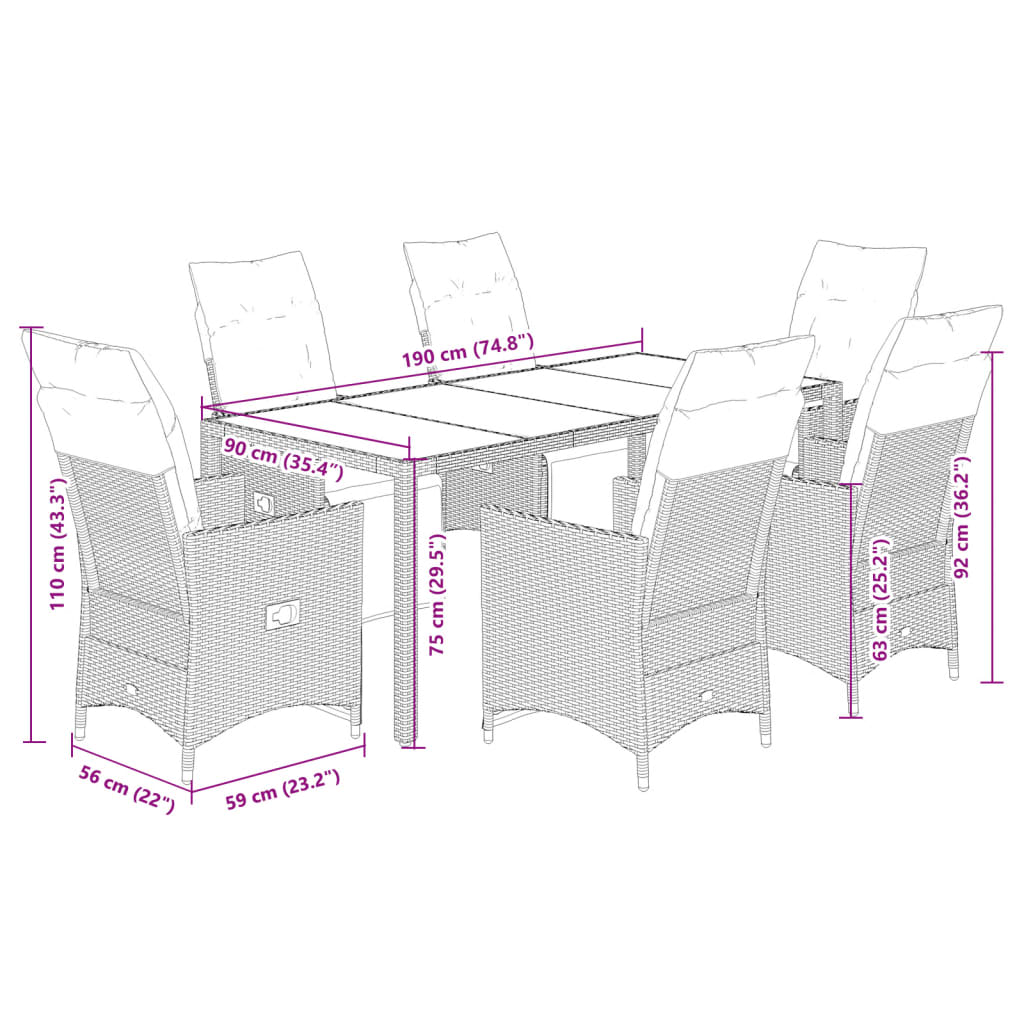 7-delige Bistroset met kussens poly rattan beige