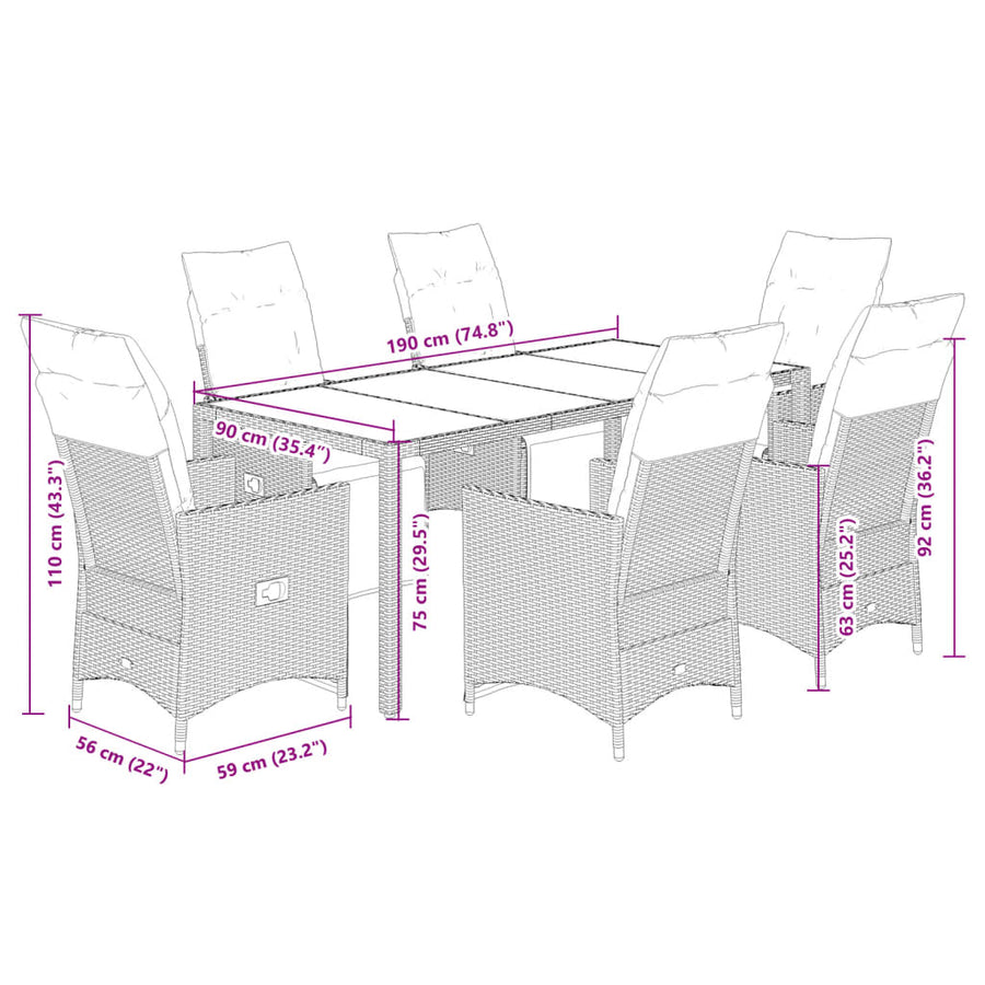 7-delige Bistroset met kussens poly rattan beige