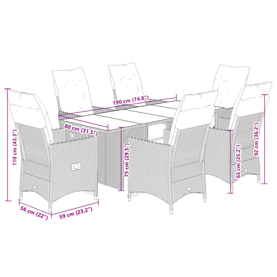 7-delige Bistroset met kussens poly rattan beige