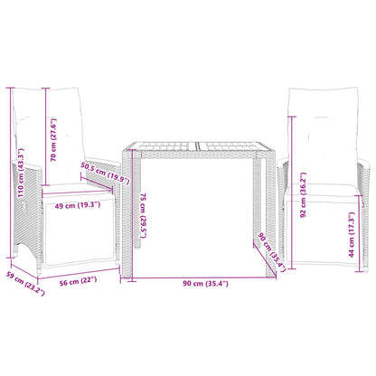 3-delige Bistroset met kussens poly rattan zwart