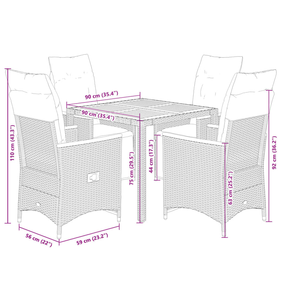 5-delige Bistroset met kussens poly rattan zwart