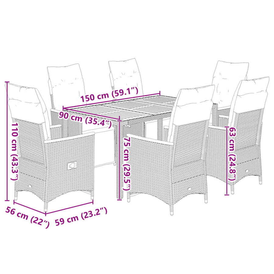 Bistroset Met Kussens Poly Rattan Zwart 7 150 x 90 x 75 cm Crème