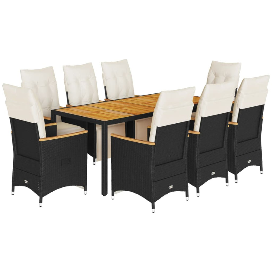 9-delige Bistroset met kussens poly rattan zwart
