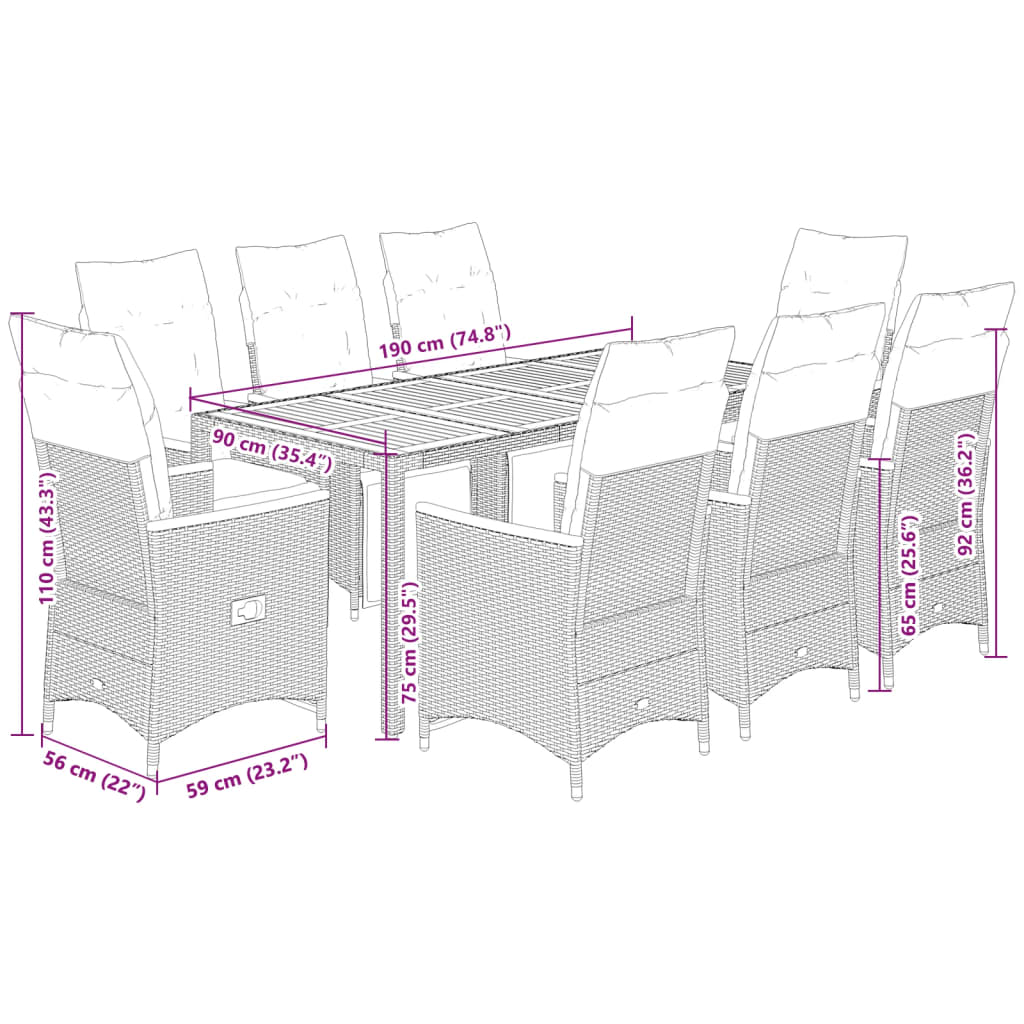 9-delige Bistroset met kussens poly rattan zwart