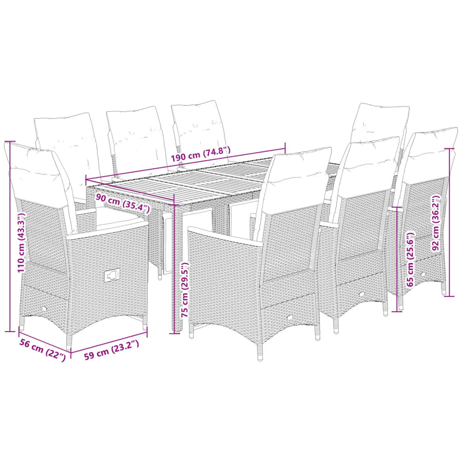9-delige Bistroset met kussens poly rattan zwart