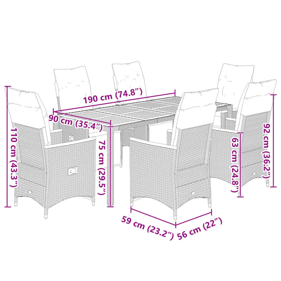 7-delige Bistroset met kussens poly rattan grijs