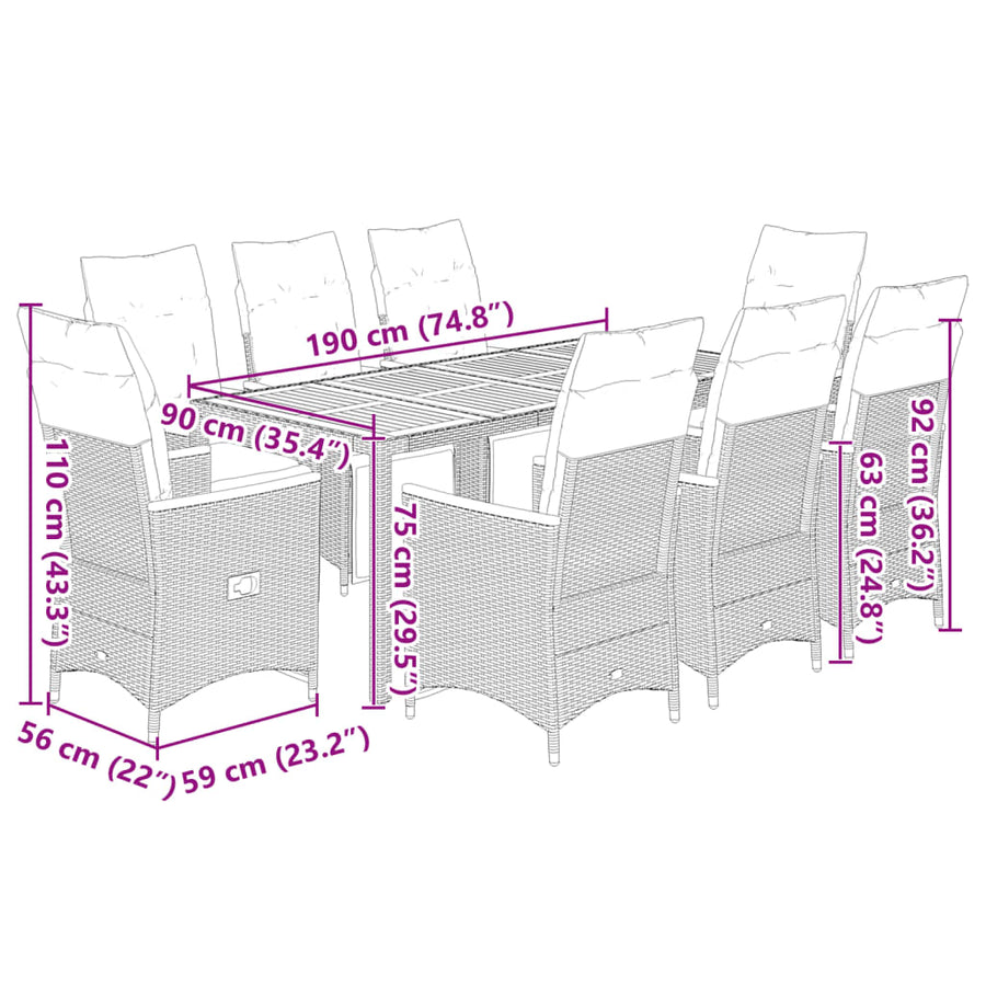9-delige Bistroset met kussens poly rattan grijs