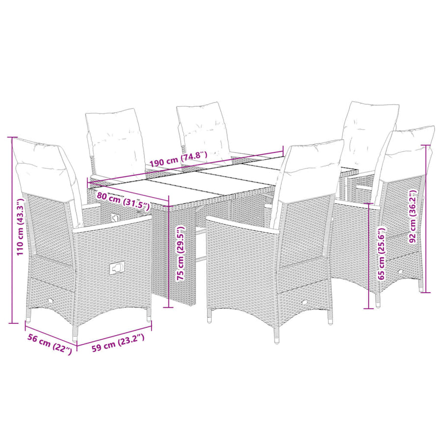7-delige Bistroset met kussens poly rattan grijs