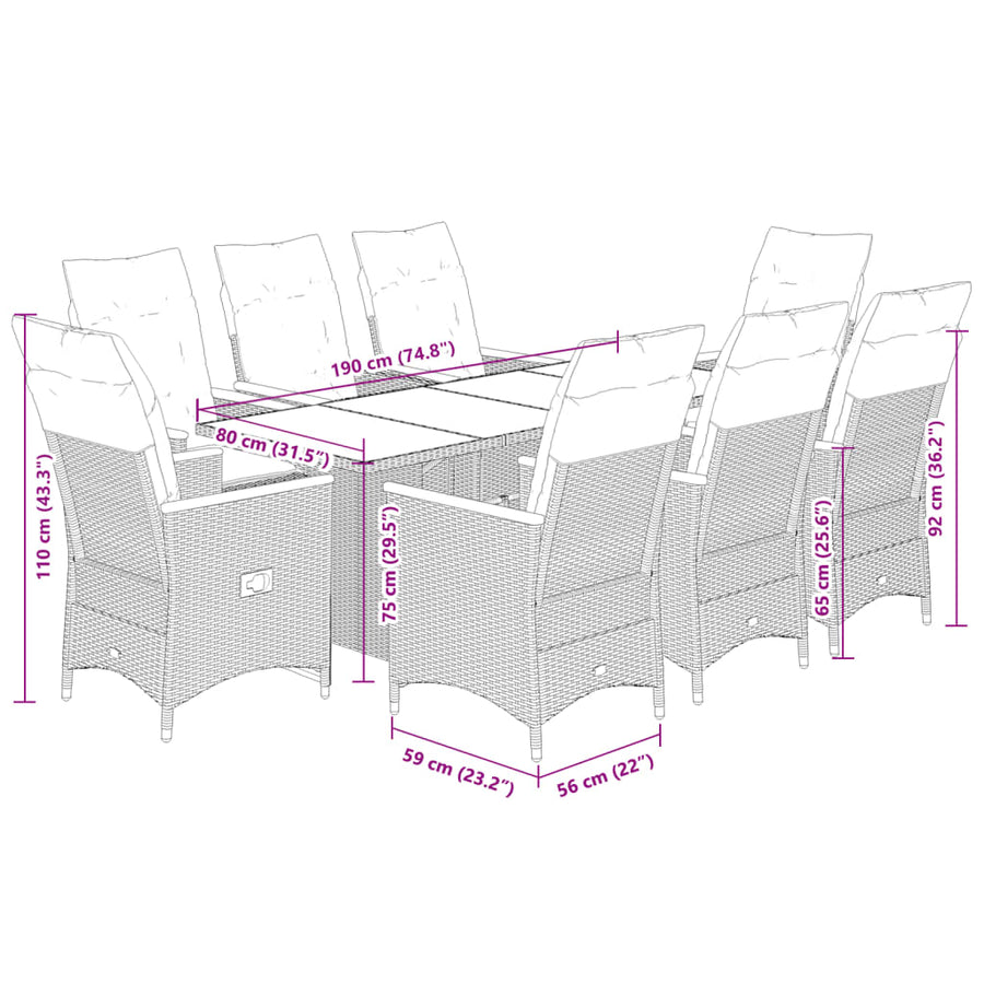 9-delige Bistroset met kussens poly rattan grijs