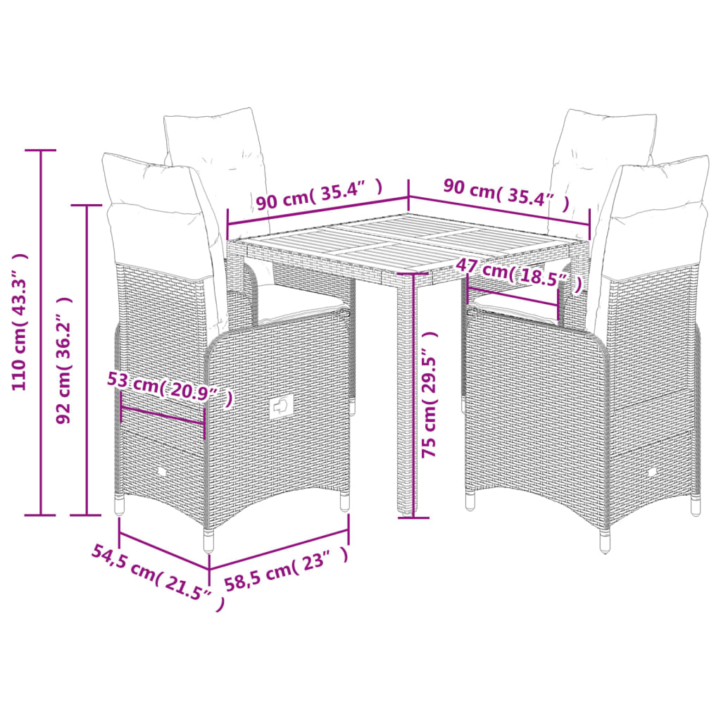 5-delige Bistroset met kussens poly rattan zwart