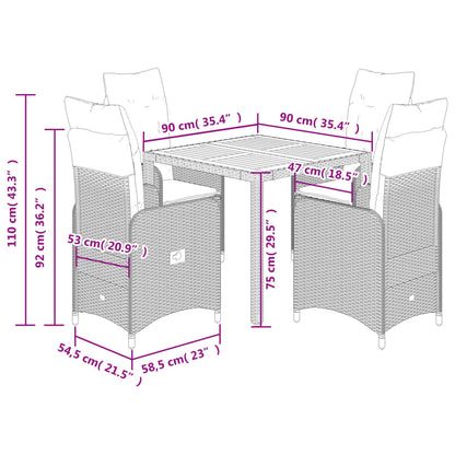 5-delige Bistroset met kussens poly rattan zwart
