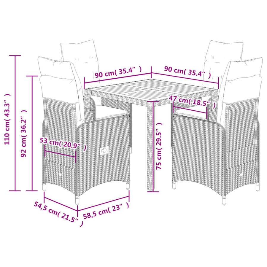 5-delige Bistroset met kussens poly rattan zwart