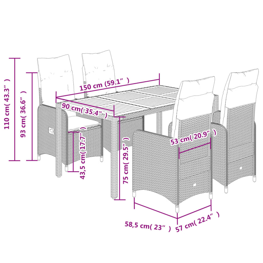 Bistroset Met Kussens Poly Rattan Zwart 5 150 x 90 x 75 cm