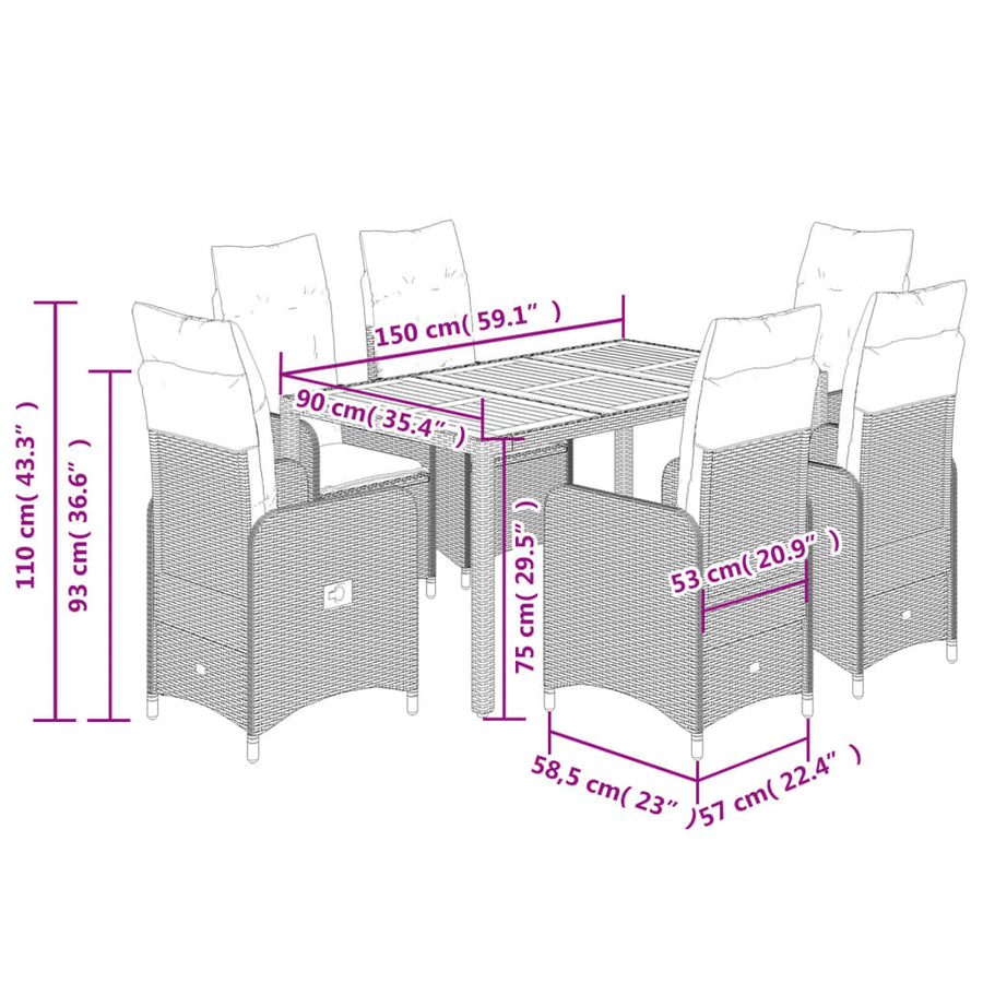 Bistroset Met Kussens Poly Rattan Zwart 7 150 x 90 x 75 cm