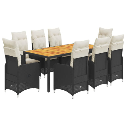 9-delige Bistroset met kussens poly rattan zwart