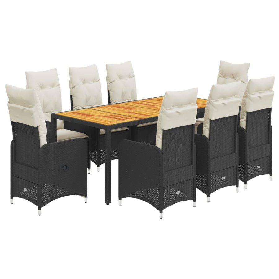 9-delige Bistroset met kussens poly rattan zwart