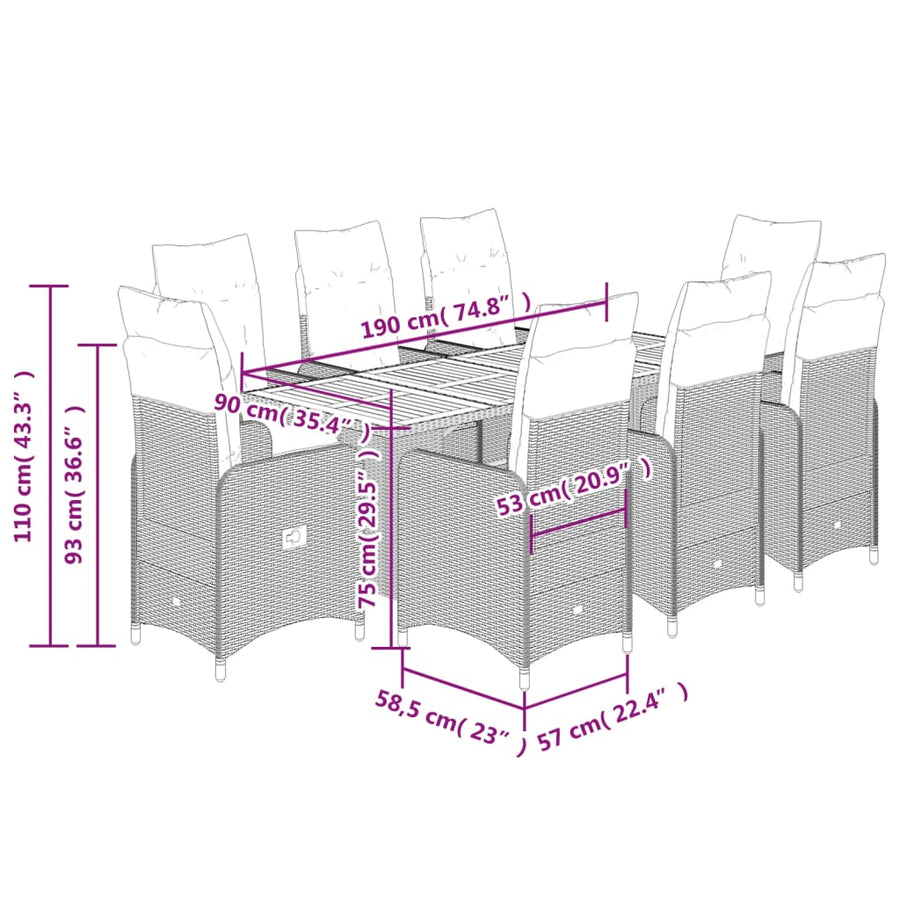 9-delige Bistroset met kussens poly rattan zwart