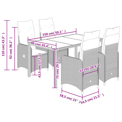 5-delige Bistroset met kussens poly rattan zwart