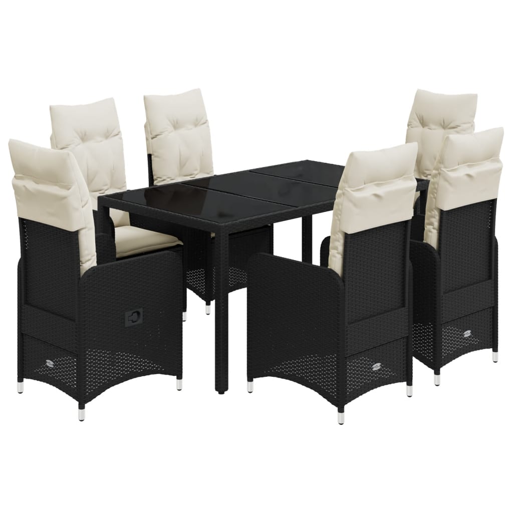 7-delige Bistroset met kussens poly rattan zwart