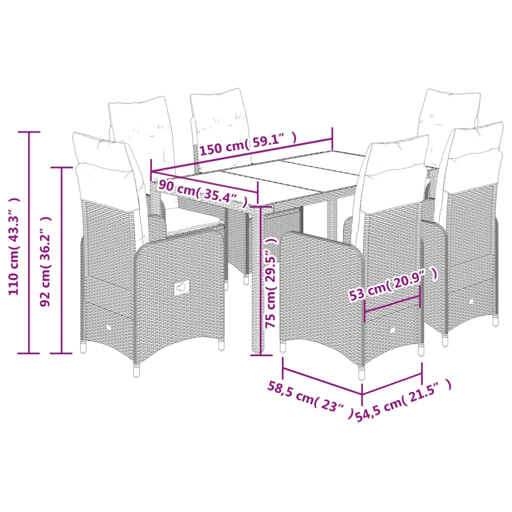 7-delige Bistroset met kussens poly rattan zwart