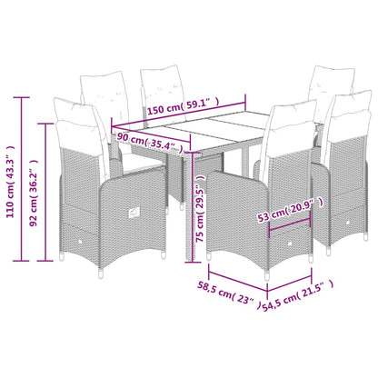 7-delige Bistroset met kussens poly rattan zwart