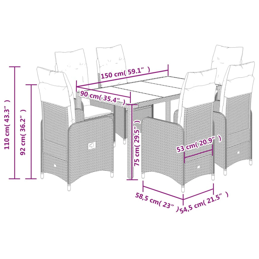 7-delige Bistroset met kussens poly rattan zwart