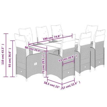 9-delige Bistroset met kussens poly rattan zwart