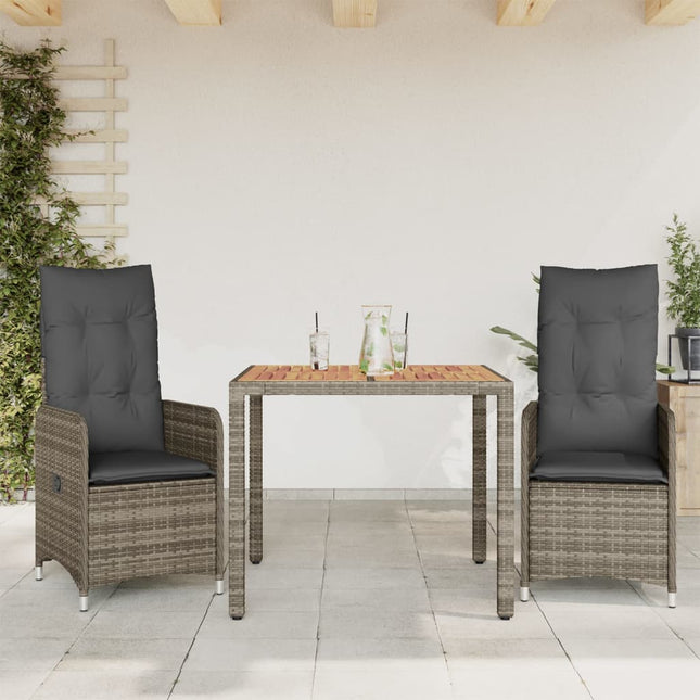 3-delige Bistroset met kussens poly rattan grijs