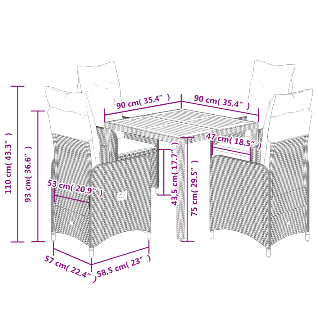 5-delige Bistroset met kussens poly rattan grijs