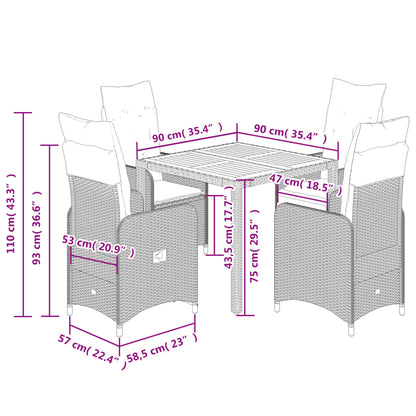 5-delige Bistroset met kussens poly rattan grijs