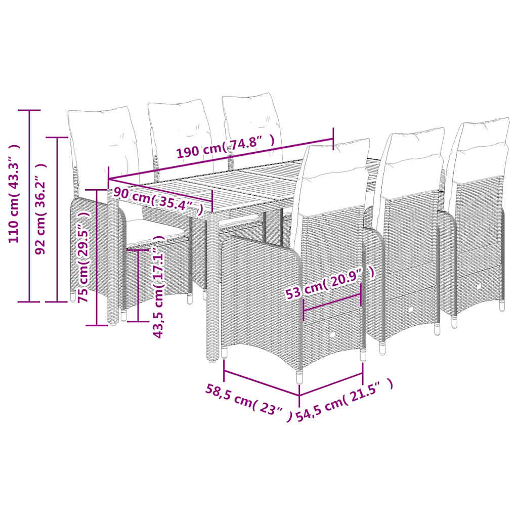Bistroset Met Kussens Poly Rattan Grijs 7 190 x 90 x 75 cm