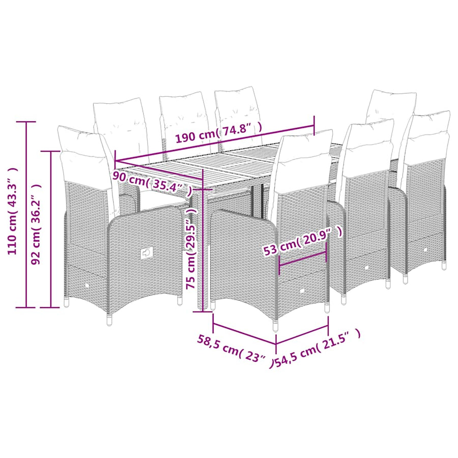 Bistroset Met Kussens Poly Rattan Grijs 9 190 x 90 x 75 cm